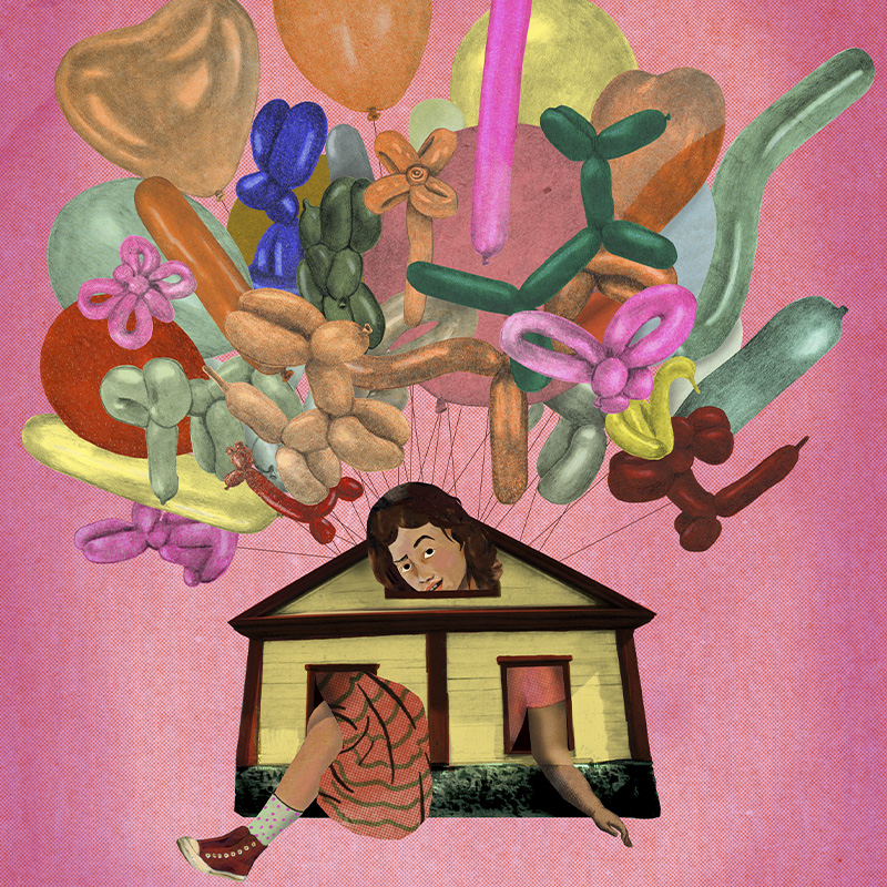 Illustration: ett litet hus med en bukett ballonger fastknutna i taket mot en röd bakgrund. Ur huset sticker en kvinnas huvud, arm och ben ut, hon ser ut att vara alldeles för stor för huset.