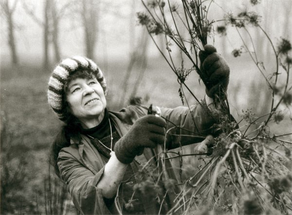 Svartvit bild på Elsa Grave ståendes utomhus hållandes torkade växter.