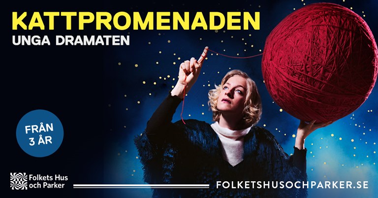 En kvinna med ljust hår håller upp ett stort rött garnnystan i den ena handen. Bakgrunden är en mörkblå stjärnhimmel.