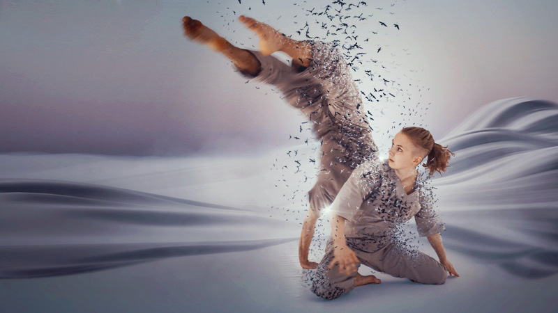 Foto och illustration i ett: två dansare i poser ser ut att vara omringade av en svärm av små små fåglar.)