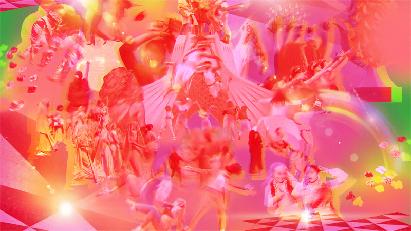 Abstrakt illustration i rött, rosa, gult och grönt med mycket rörelse i bilden.)