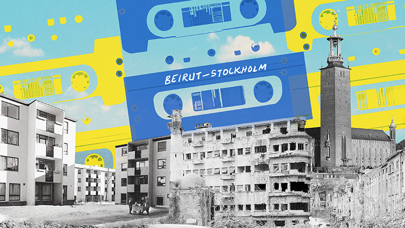 Montage av byggnader från Stockholm och Beirut. Himlen är ett montage av kassettband, på det i centrum står textat "Beirut - Stockholm".)