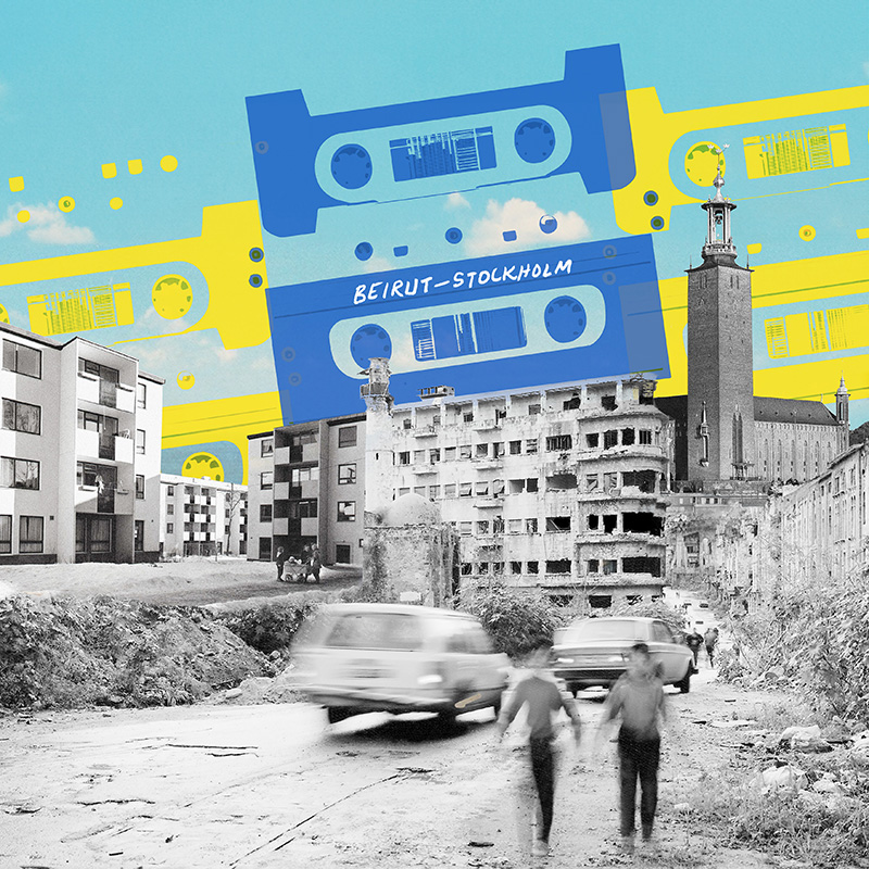 Montage av byggnader från Stockholm och Beirut. Himlen är ett montage av kassettband, på det i centrum står textat "Beirut - Stockholm".
