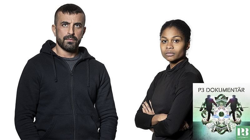 Wahid Setihesh och Rubina Banfield, svartklädda mot helvit bakgrund. I nedre högra hörnet logotyp för P3 Dokumentär.)