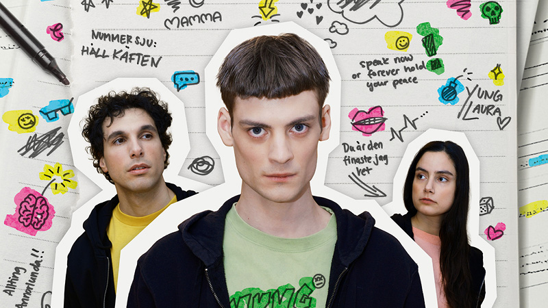 Ett collage bestående av porträtt av de tre medverkande inklippta mot en sida i ett anteckningsblock med klotter.)